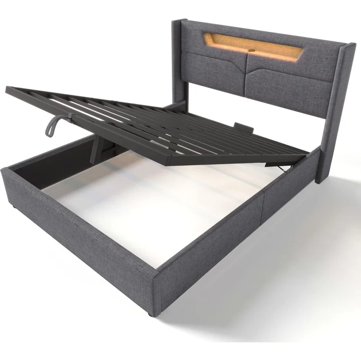 Polsterbett LED Doppelbett mit USB Typ C Ladefunktion und LED-Beleuchtung,Stauraumbetten Bettgestell aus Leinenmaterial Jugendbett 140x200 mit lattenrost(Ohne Matratze) – Bild 10