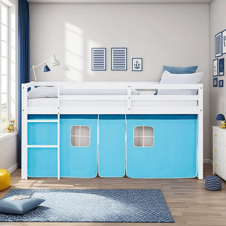 Hochbett Kinder 90x200 cm Kinderbett Kinderhochbett Stockbett Vorhang Blau Leiter Holz Massiv – Bild 8