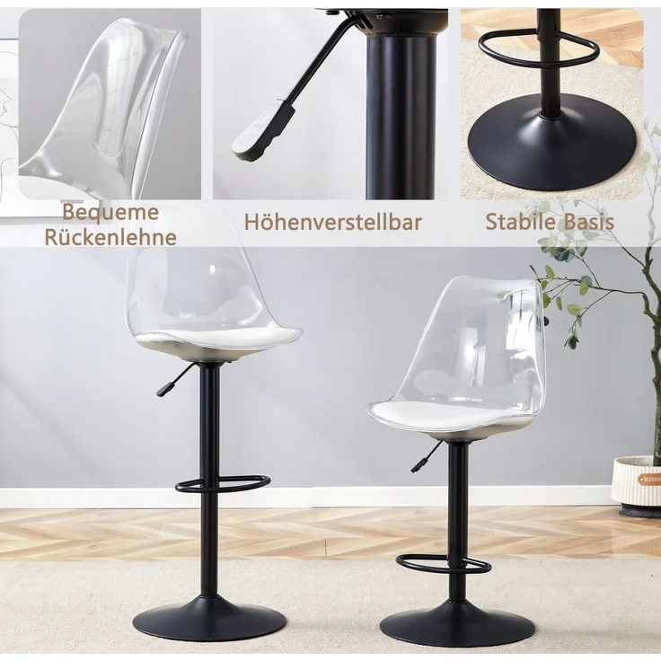 Barhocker H 120 x T 45.7 x B 53.3 cm transparent, höhenverstellbar, 360° drehbar, Metall/Kunststoff, 2 Stück – Bild 5