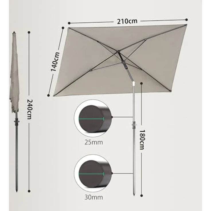 Sekey 210 × 140 cm Sonnenschirm mit Schutzhülle, Balkonschirm Gartenschirm Terrassenschirm, Sonnenschutz UPF50+, Kippbar, Höhenverstellbar, Rechteckig – Bild 3
