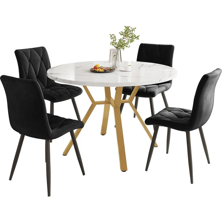 Runder Esstisch mit Marmorstruktur MDF, goldfarbenes Metallgestell, 4 Schwarz Wildlederstühle, modern, Essgruppe, Küchentisch Set – Bild 6