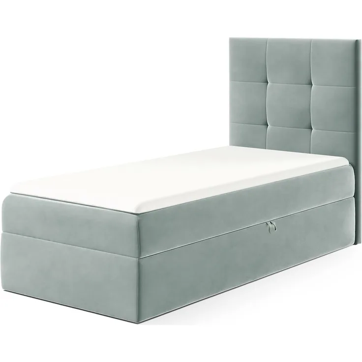MEBLINI Kinderbett mit Bettkasten MINO 2 90x200 Rechts – H3/Blaugrau Samt Gepolstert Einzelbett mit Matratze - Polsterbett mit Stauraum - Bett mit Kopfteil – Stauraumbett
