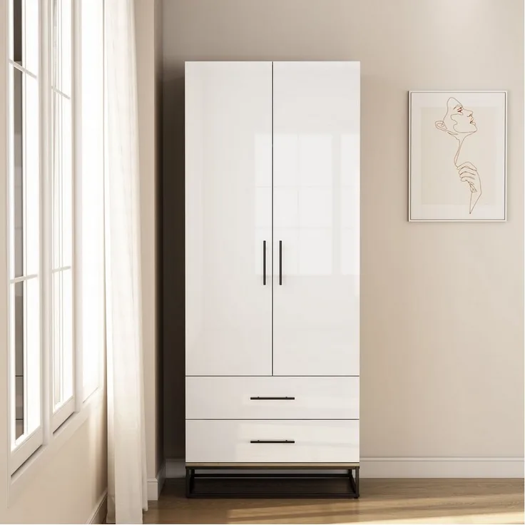 OTTO home Kleiderschrank Lucca Schlafzimmerschrank Garderobe hochglanz Bestseller (Hochwertige schwarze Griffe und Kufengestell) Schlafzimmerschrank mit 2 Türen und 2 Schubladen, Breite 80cm