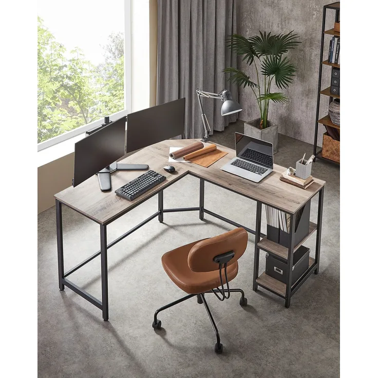 VASAGLE L-förmiger Eckschreibtisch mit 2 Ablagen, Industrie-Design, Schwarz/Natur, 138x138x76cm