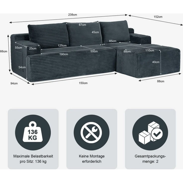 ANYSUN Ecksofa Couch L-Form, mit Liegeflache 3-Sitzer Ecksofa, Cord-Schlafsofa, Modulares Ecksofa, Loungesofa, Links / Rechts Chaiselongue Sofa,keine Montage erforderlich, modulares Schlafsofa für Wohnzimmer, Schlafzimmer, Wohnung und Büro – Bild 2