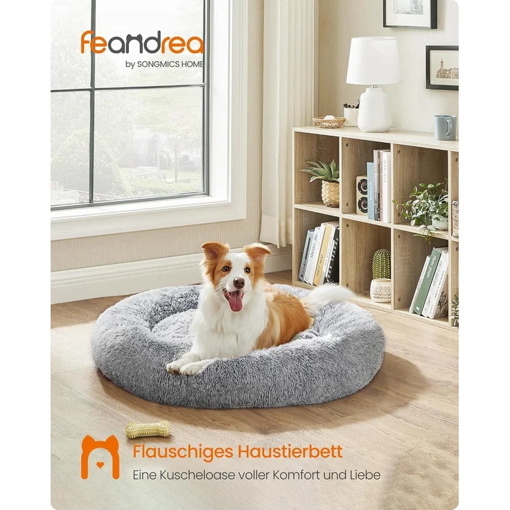 Feandrea Hundebett flauschig, Katzenbett, Donut Kissen, waschbar, Polsterung in der Mitte herausnehmbar, Langer Plüsch, 90 cm Durchmesser, Ombré-Grau PGW041G01 – Bild 2