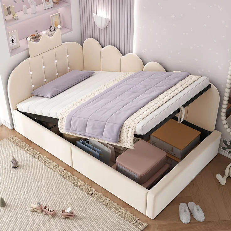 Merax Einzelbett, 90x200 cm Polsterbett, Daybett, Tagesbett-Schlafsofa mit Stauraum (hydraulisch), Gästebett L-Form Samt, Beige – Bild 1