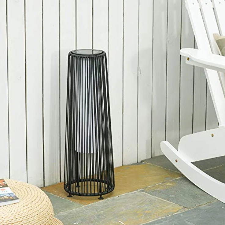 Outsunny Solarlampe Rattan, LED Solarleuchte mit Lichtsensor, IP44 spritzwassergeschützt, 61 cm hoch, Schwarz – Bild 2