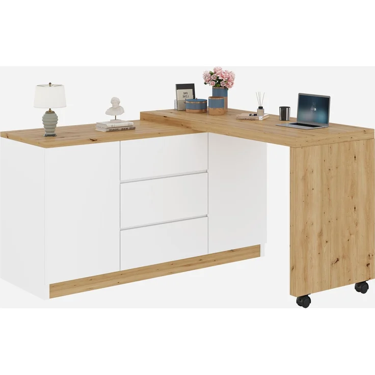 Schreibtisch 120 × 50 × 76,5 cm, drehbar und klappbar, 3 Schubladen, 2 Türen, 2 feststellbare Rollen, 4 cm starke Platte, Spanplatte, Weiß/Eiche – Bild 10