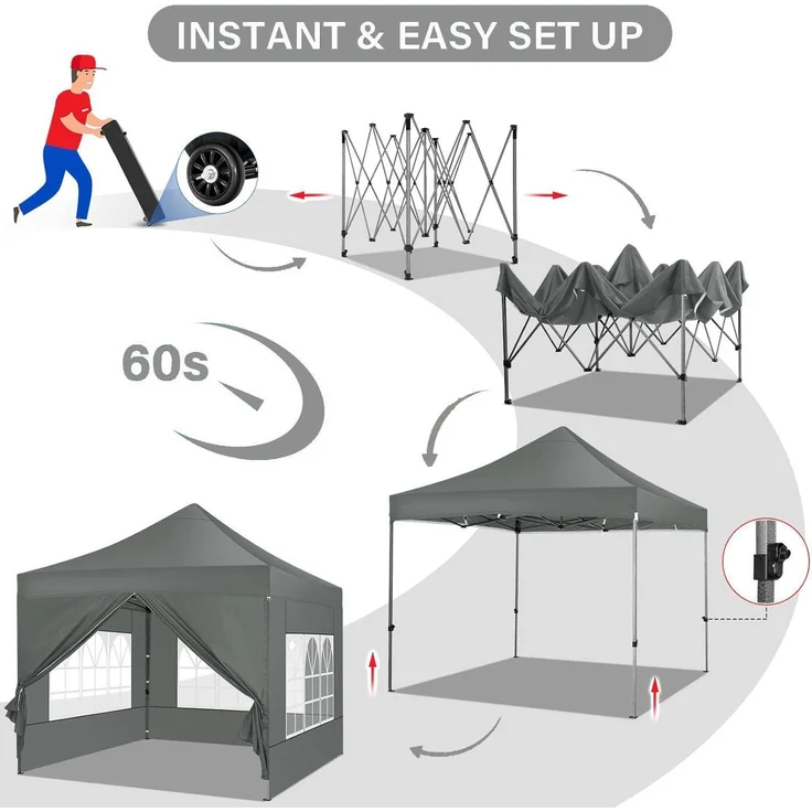COBIZI Pavillon 3x3 Wasserdicht Stabil Winterfest mit Seitenwand u Sandsack,Popup Faltpavillon Partyzelt,Sonnenschutz Gartenpavillon für Strand Hochzeit Camping mit Tasche mit Rollen(3 mal 3m Grau) – Bild 5