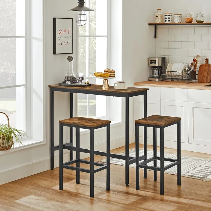 Vasagle Essgruppe, Bartisch-Set, Stehtisch (100 x 40 x 90 cm) mit 2 Barhockern (je 30 x 40 x 65 cm), Metallgestell, Industrie-Design, für Esszimmer, Wohnzimmer, vintagebraun-schwarz – Bild 2