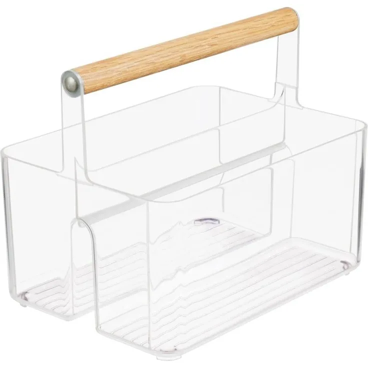mDesign Aufbewahrungskorb Organizer Caddy 2 Fächer Holzgriff Transparent