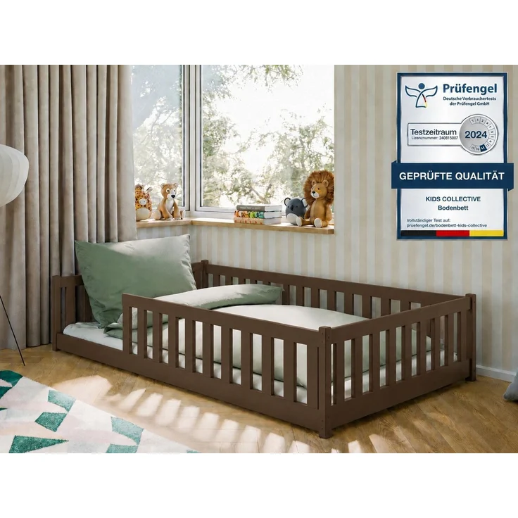 Kids Collective Kinderbett Bodenbett Bett mit Rausfallschutz & Lattenrost Montessori Bett Kinder (Jungen, Mädchen, Kinder, weitere Größen 80x160, 80x180, 90x190, 90x200, 140x200 cm), Gitterbett Jugendbett Einzelbett Zartbitterschokolade 120x200 cm – Bild 1