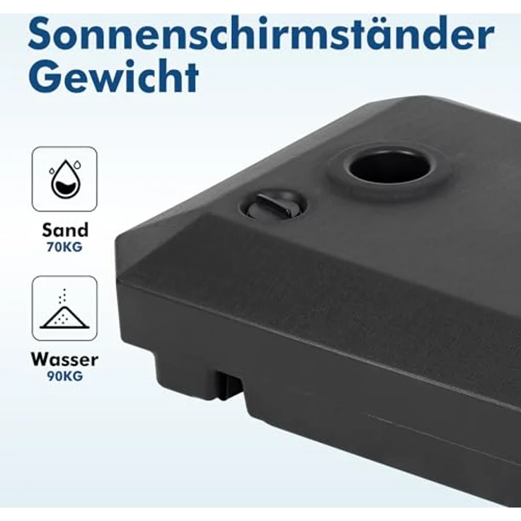 Sekey Kunststoffschirmständer Ampelschirmständer mit Rolle Sonnenschirmständer 70 bis 90KG Befüllbar, für Stöcke bis Ø 130 mm – Bild 4