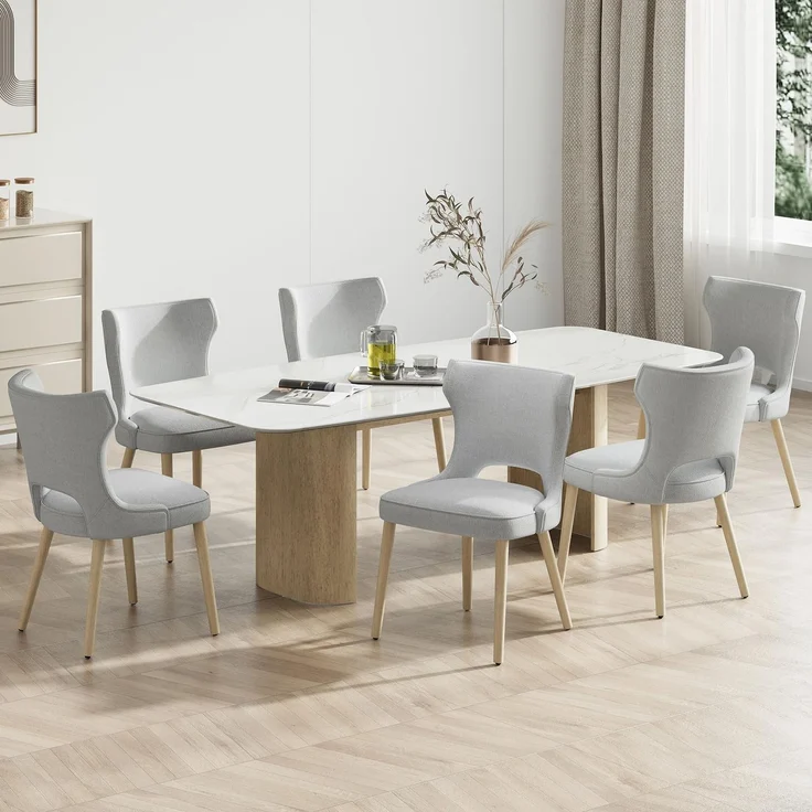 COLAMY Esszimmerstühle 6er Set, Polsternder Stühle Esszimmer mit Rückenlehne, Küchenstühle Gepolstert, Stoff Dining Chairs mit Wingback und Holzbeinen für Esszimmer, Küche, Restaurant, Hellgrau