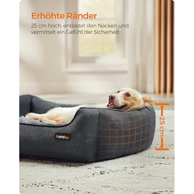 Feandrea Hundebett, Hundekissen in Leinenoptik, Hundekorb, erhöhte Ränder, rutschfeste Unterseite, Bezug abnehmbar waschbar, L, für mittelgroße Hunde, 90 x 75 x 25 cm, dunkelgrau PGW011G01 – Bild 4