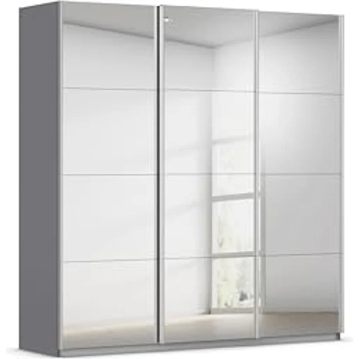 Rauch Möbel Kulmbach, Kleiderschrank mit Schwebetüren für Schlafzimmer, Kinderzimmer, Jugendzimmer, Garderobe, Flur, 3-türig, mit Spiegel, Zubehör Basic, Farbe Grau metallic, Schwarz, Breite 203 cm – Bild 1