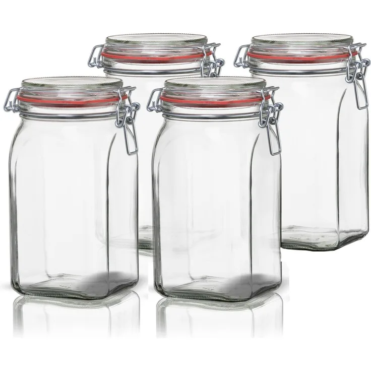 BigDean 4er Set Vorratsgläser 1,1L - Einmachgläser mit Deckel & Bügelverschluss - Made in Germany - Drahtbügelgläser zum luftdichten Aufbewahren, Einlegen & Einkochen - Glas, eckig