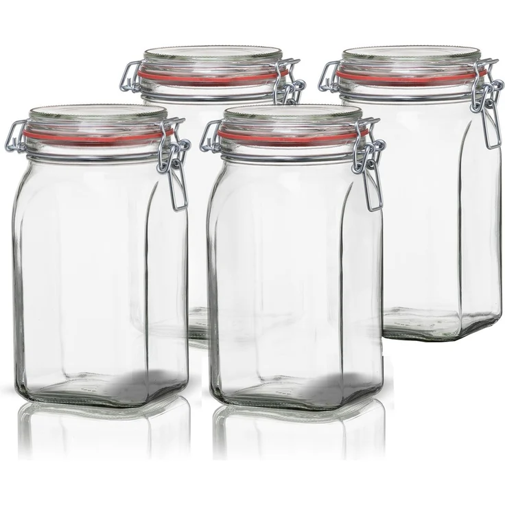 BigDean 4er Set Vorratsgläser 1,1L - Einmachgläser mit Deckel & Bügelverschluss - Made in Germany - Drahtbügelgläser zum luftdichten Aufbewahren, Einlegen & Einkochen - Glas, eckig – Bild 1
