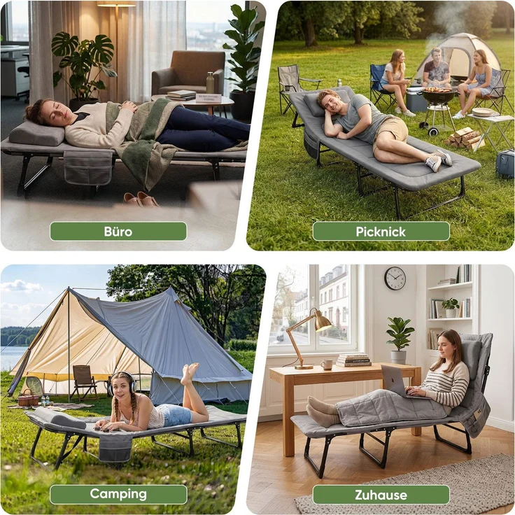 Sekey Feldbett Verstellbar Campingbett Klappbar Gästebett mit Matratze und Kissen, 193 x 70 x 29 cm, Grau – Bild 6