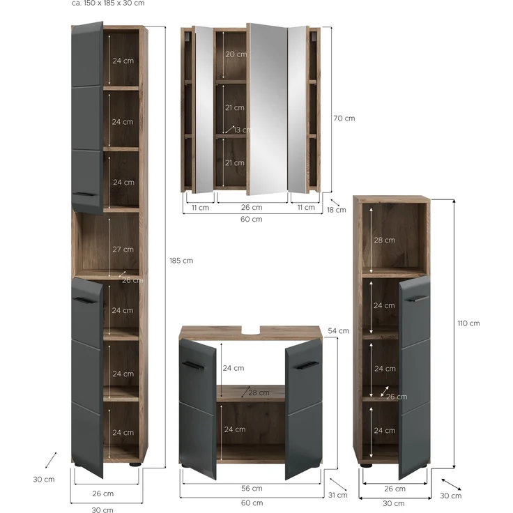 Badezimmer-Set >Ice< in Nox Oak / Schwarz - 150x185x30cm (BxHxT) – Bild 5