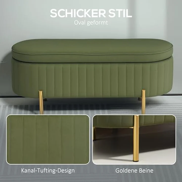 HOMCOM Sitzbank mit Stauraum Polsterbank mit Klappdeckel, Samtoptik (Sitztruhe, 1-St, Truhenbank), für Flur, Wohnzimmer, Schlafzimmer 108 x 44 x 43,5 cm, Grün – Bild 6