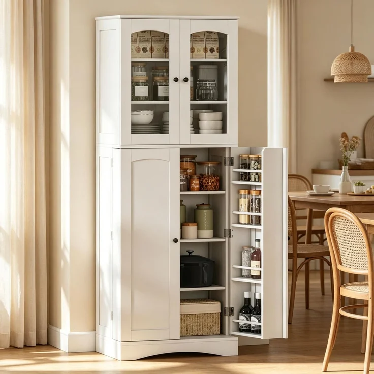 Elegantes Sideboard,Hoher Vitrinenschrank mit viel Stauraum,Praktischer Aufbewahrungsschrank,Wohnzimmerschrank--Weiß--60x40x162cm--YOUDENOVA – Bild 6