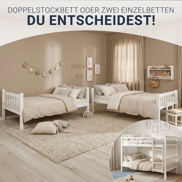 Homestyle4u Etagenbett mit Rausfallschutz, Holz weiß, 90x200 – Bild 2