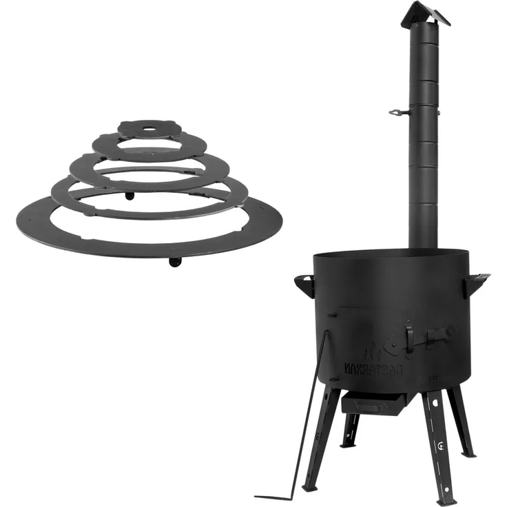 Ø44 Uchag 2mm Stahl Utschak mit Schornstein Adapter-Ringe Utschag Abzugsrohr Campingofen Feuerstelle Feldküche Außenküche Eintopfofen Gulaschkanone