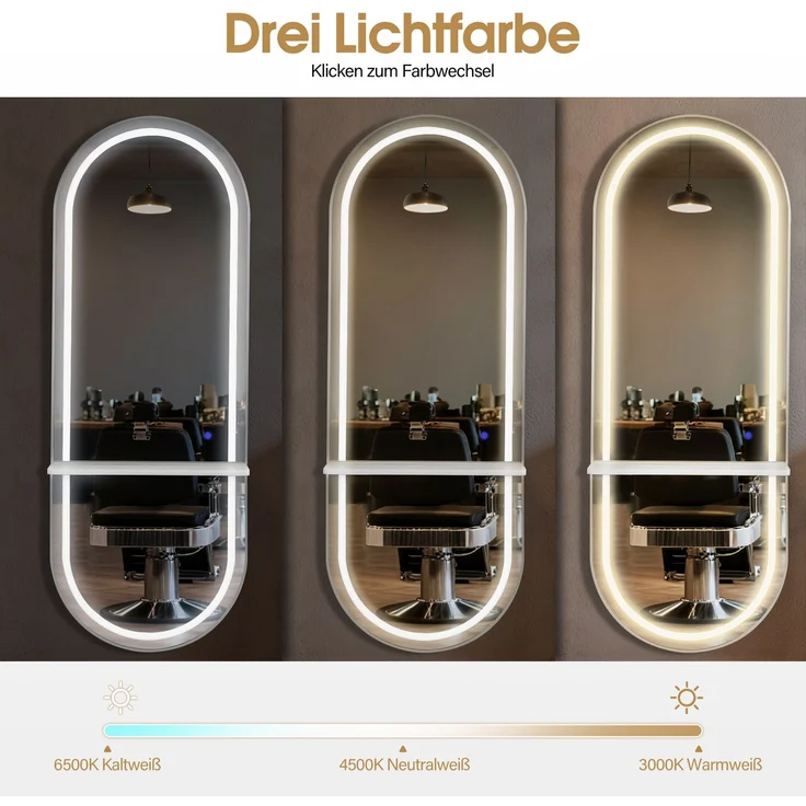 BarberPub Wandspiegel mit Beleuchtung, Ganzkörperspiegel mit Aluminiumrahmen, Großer Spiegel mit Ablage, Touch-Schalter, 3 Lichtfarben Dimmbar, für Friseursalon, 17x65x177 cm, J6270 (Weiß-Silber) – Bild 4