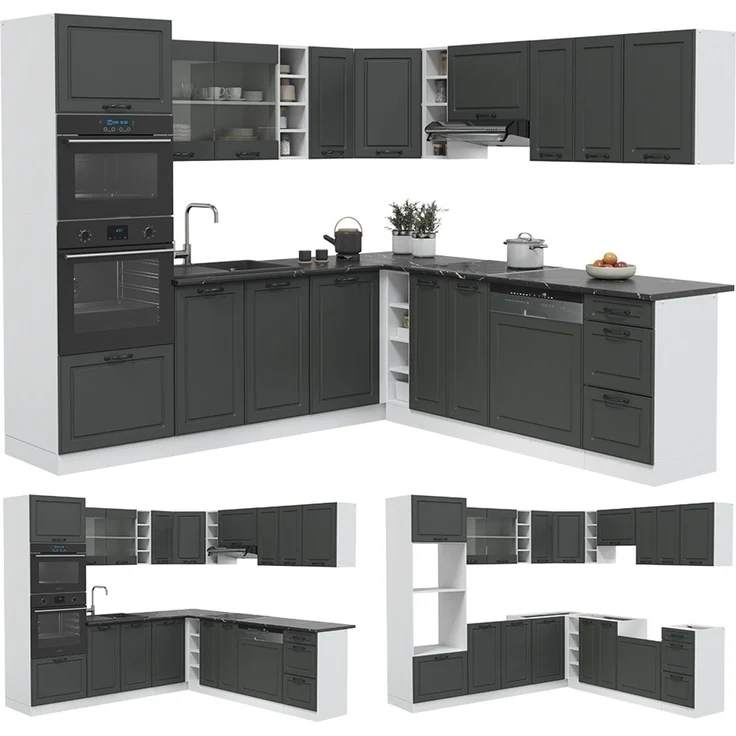 Eckküche R-Line Anthrazit Landhaus/Weiß 247 x 237 cm ohne Arbeitsplatte Vicco – Bild 6