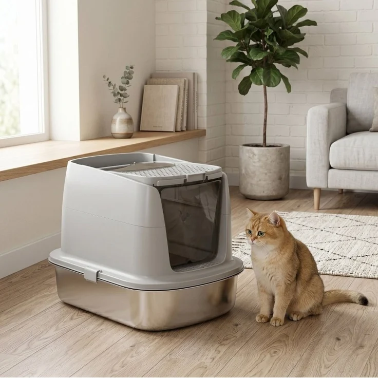 Katzentoilette 52,4 x 41,3 x 39,8 cm aus Edelstahl – geschlossen oder halboffen, mit Schaufel – Bild 3