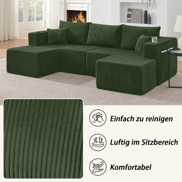EINHOM 3-Sitzer modulares Ecksofa, komprimiertes L-Form Sofa mit beweglichen Ottomanen, weicher Cordstoff, Getränkehalter, Seitentasche und Kissen, geeignet für Wohnzimmer, Hotels und Mietwohnungen, Green – Bild 7