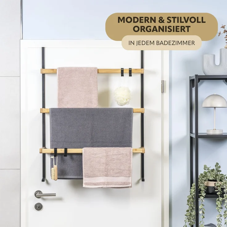 Tür-Hängeregal aus Metall und Bambus, 3 Handtuchstangen, 4 Haken, schwarz – Bild 2