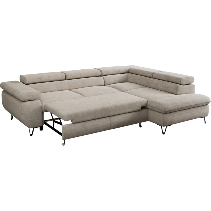 Mks Möbel 'Peter L-form' Ecksofa mit Bettfunktion, Bettkasten & einstellbaren Kopfstützen, Beige, Stoff, mit Topper, rechts – Bild 6