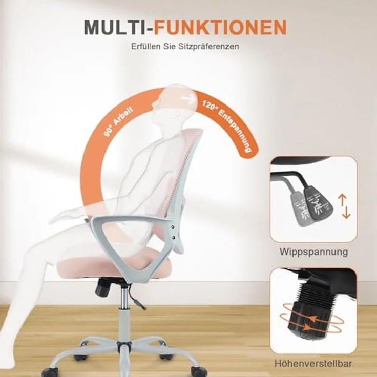 DUMOS Bürostuhl Ergonomisch, Schreibtischstuhl mit Lendenwirbelstütze, Drehstuhl mit Armlehne, Computerstuhl, Höhenverstellbarer Office Chair, Bürostühle Geeignet für Büro und Schlafzimmer (Rosa) – Bild 4
