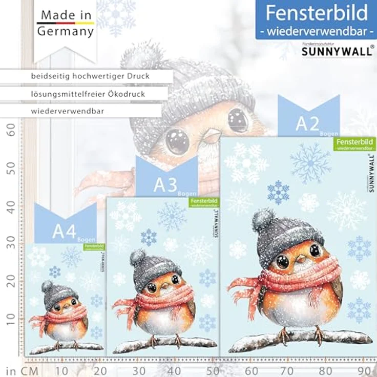 Sunnywall Fensterdekoration Kinderzimmer Fensterbild Winter Rotkehlchen Robin, wiederverwendbar, statisch haftend, beidseitiger Druck, nachhaltig – Bild 5