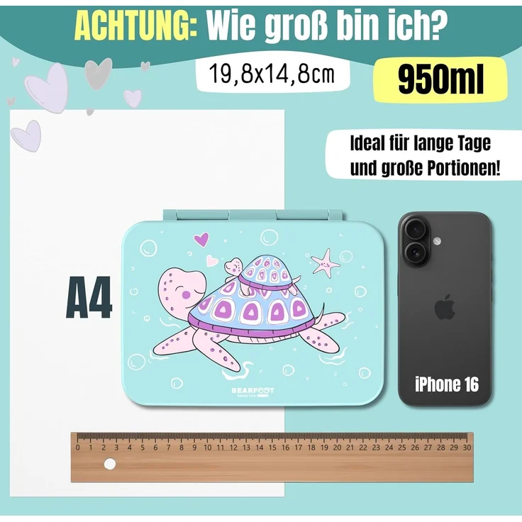 BEARFOOT Lunchbox Brotdose mit Fächern, leicht & auslaufsicher - Schildkröte, PP, ABS, Silikon, Kindergarten und Schule - Mädchen und Jungen, Vesperbox, Snackbox – Bild 2