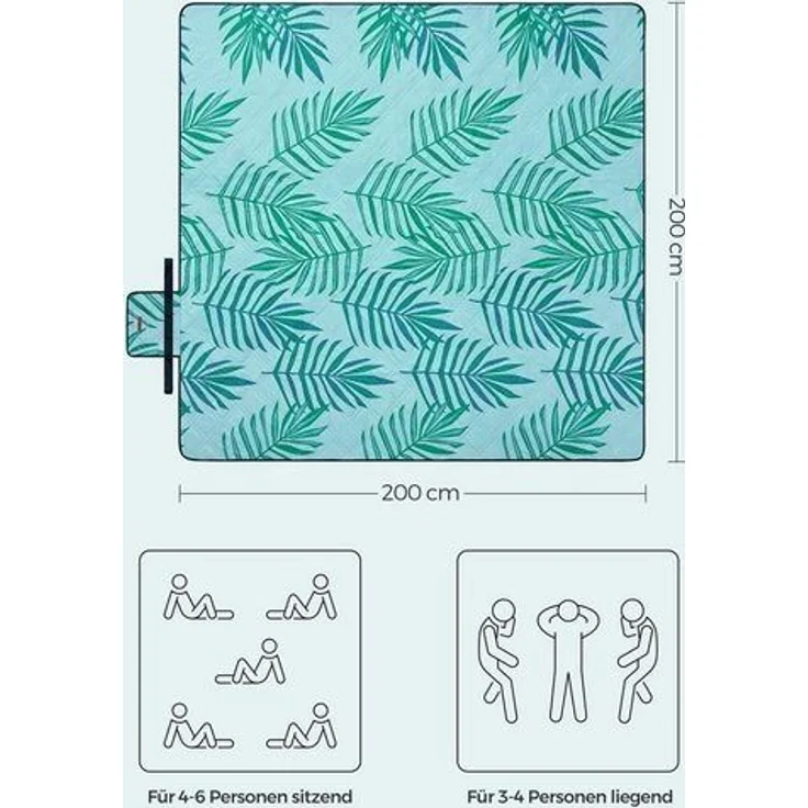 Songmics Picknickdecke, wasserdicht, maschinenwaschbar & faltbar, Polyester, hellblau mit tropischem Farn, 200 x 200 cm – Bild 2