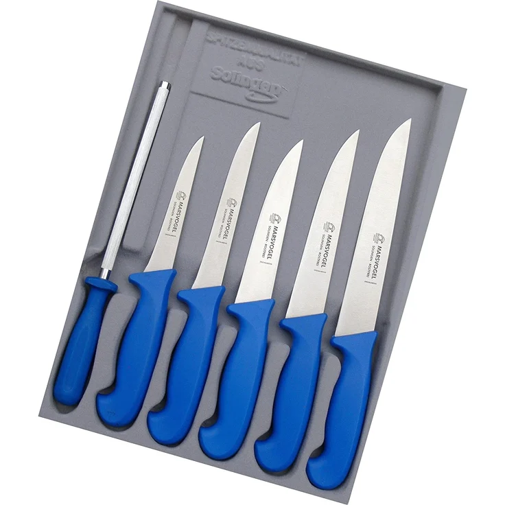 Marsvogel Schlachtermesser Set 6 TLG. GSK Solingen Metzgermesser Set bestehend aus: Stechmesser 6" 7" 8" Ausbeiner/Polker 5" 6" inkl. Wetzstahl (Blau)