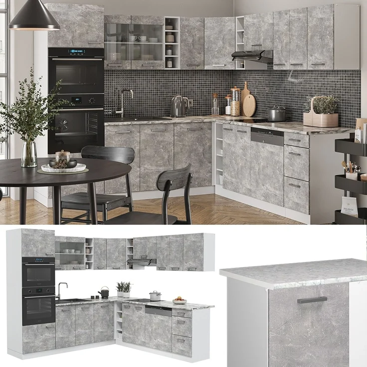 Eckküche R-Line Beton/Weiß 247 x 237 cm, AP Marmor Vicco – Bild 2