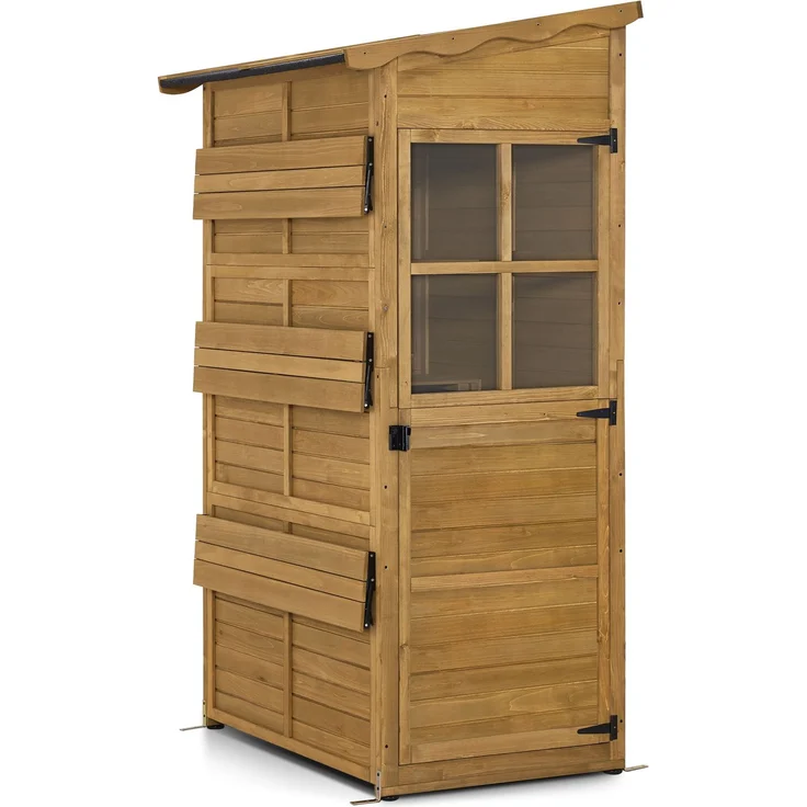 M MCombo Gartenschrank Gartenhaus Holz Wetterfest, Outdoor Schrank Wetterfest, Geräteschuppen Begehbar, für Außenbereich Balkon & Terrasse, Gerätehaus mit 3 feste Regale, 120×86×201 cm, 1753 (Natur) – Bild 1