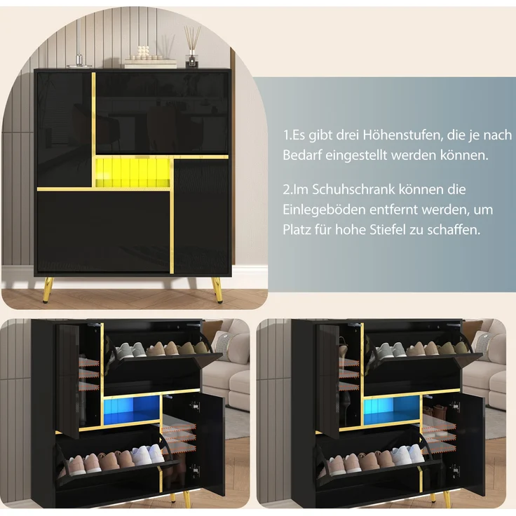 Schuhschrank, Spanplatte mit Hochglanzfront & LED-Licht (16 Farben), 80x25x96 cm, Schwarz – Bild 8