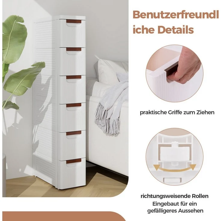 COSTWAY Beistellwagen, Nischenschrank schmal, mit 6 Schubladen & Rollen, weiß – Bild 3