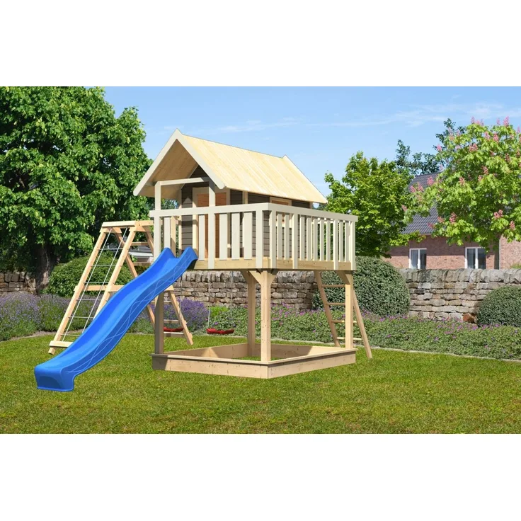 Stelzenhaus FIDEL terragrau mit Kletterlschaukel und Rutsche blau