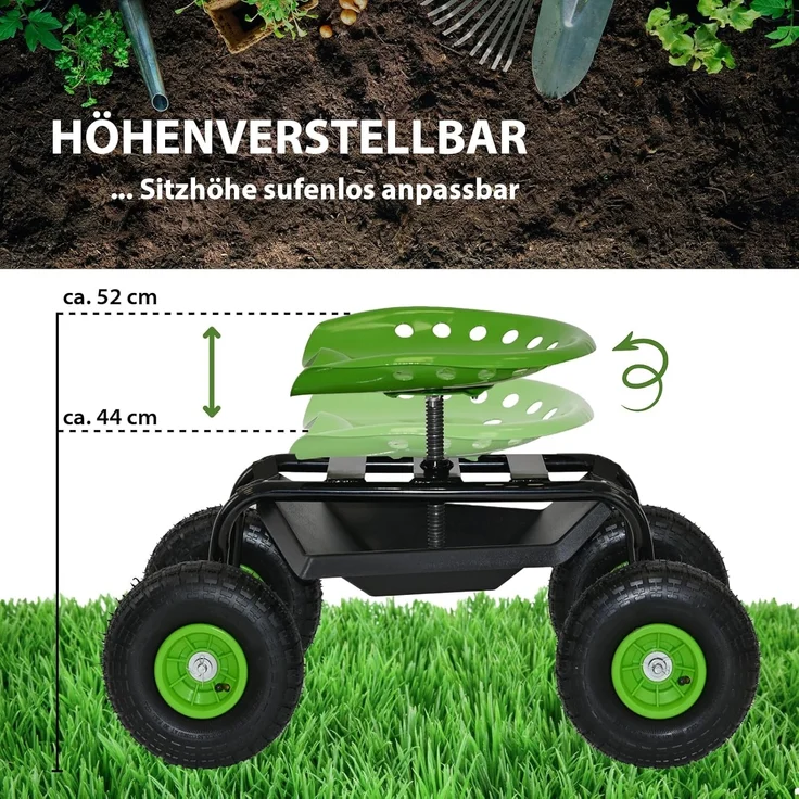 Gartenscooter mit Ablage Stahl 150 kg Sitzhöhe 44-52 cm Sitz 360° drehbar Lufträder in Schwarz-grün – Bild 4