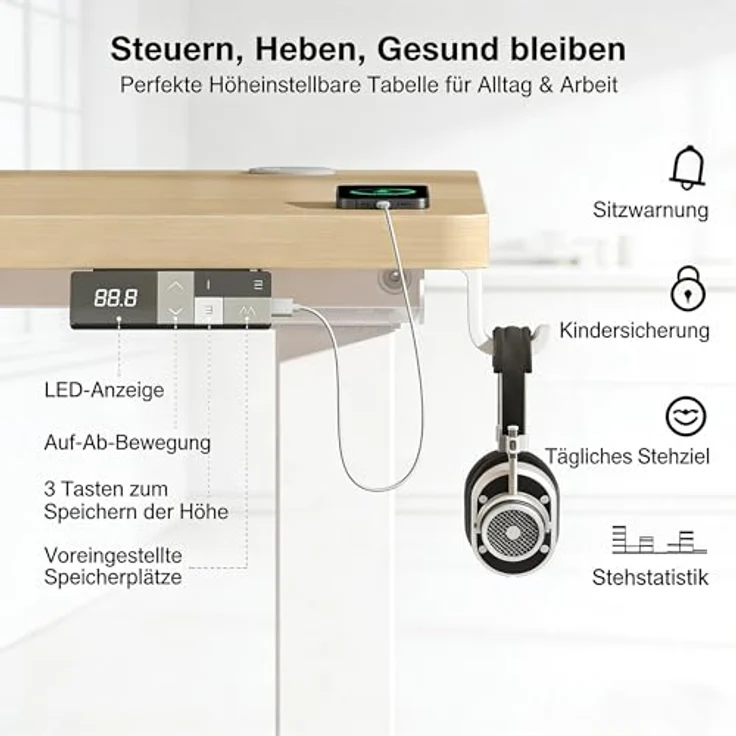 Devoko Höhenverstellbarer Schreibtisch 160x80 cm elektrisch, Höhenverstellung 71-121 cm mit Smart Control, 120 kg Tragkraft, für gesundes Arbeiten – Bild 6