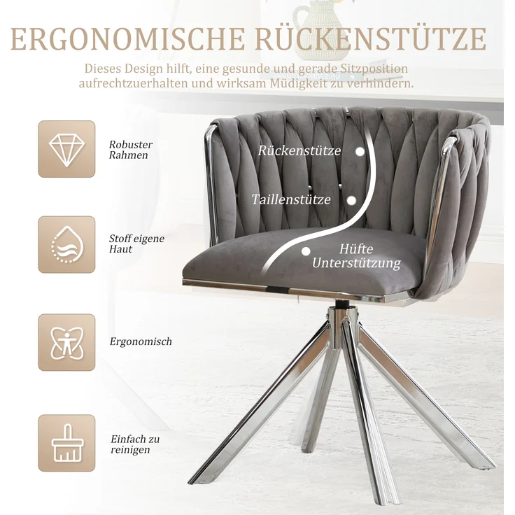LVHOM Esszimmerstuhl 2er-Set, 180° drehbar mit runden Rückenlehne, Wohnzimmerstuhl aus Samt, bis 150 kg, für Homeoffice – Bild 4