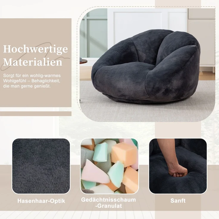 LVHOM Sitzsack XXL, Bodensofa aus Faux Fur, Montagefreier Bean Bag, für Wohnzimmer, Lounge, Schlafzimmer, Anthrazit – Bild 7