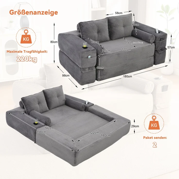 Wohnora-Cord-Klappsofa für 2 Pers, hochdichter Schaum-Federkern, formstabil & bequem Mit Taschen, Getränkehalter, Memory-Kissen + 2 Zierkissen Vakuumverpackt, schneller Aufbau, für Wohnung & Wohnzimmer,H 80cm x T 180cm x B 98cm,Dunkelgrau – Bild 3